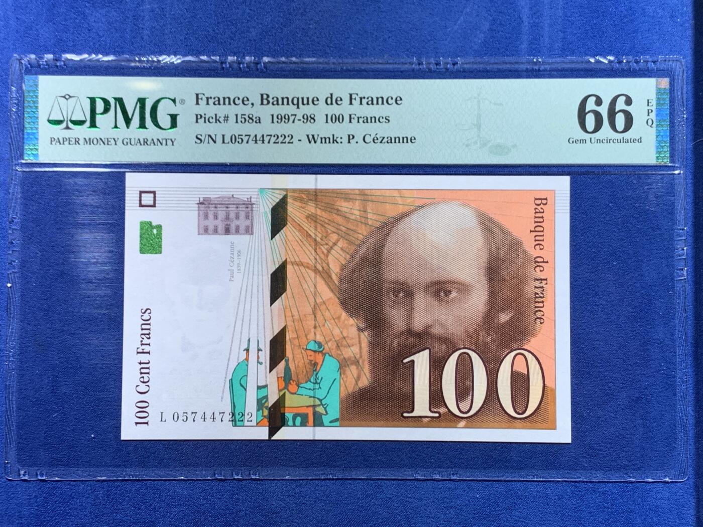 《竞宝斋》第446场 周日，周一，2场连拍 （全场包邮） PMG 66EPQ 法国 1997-98年100法郎 画家塞尚 豹子号