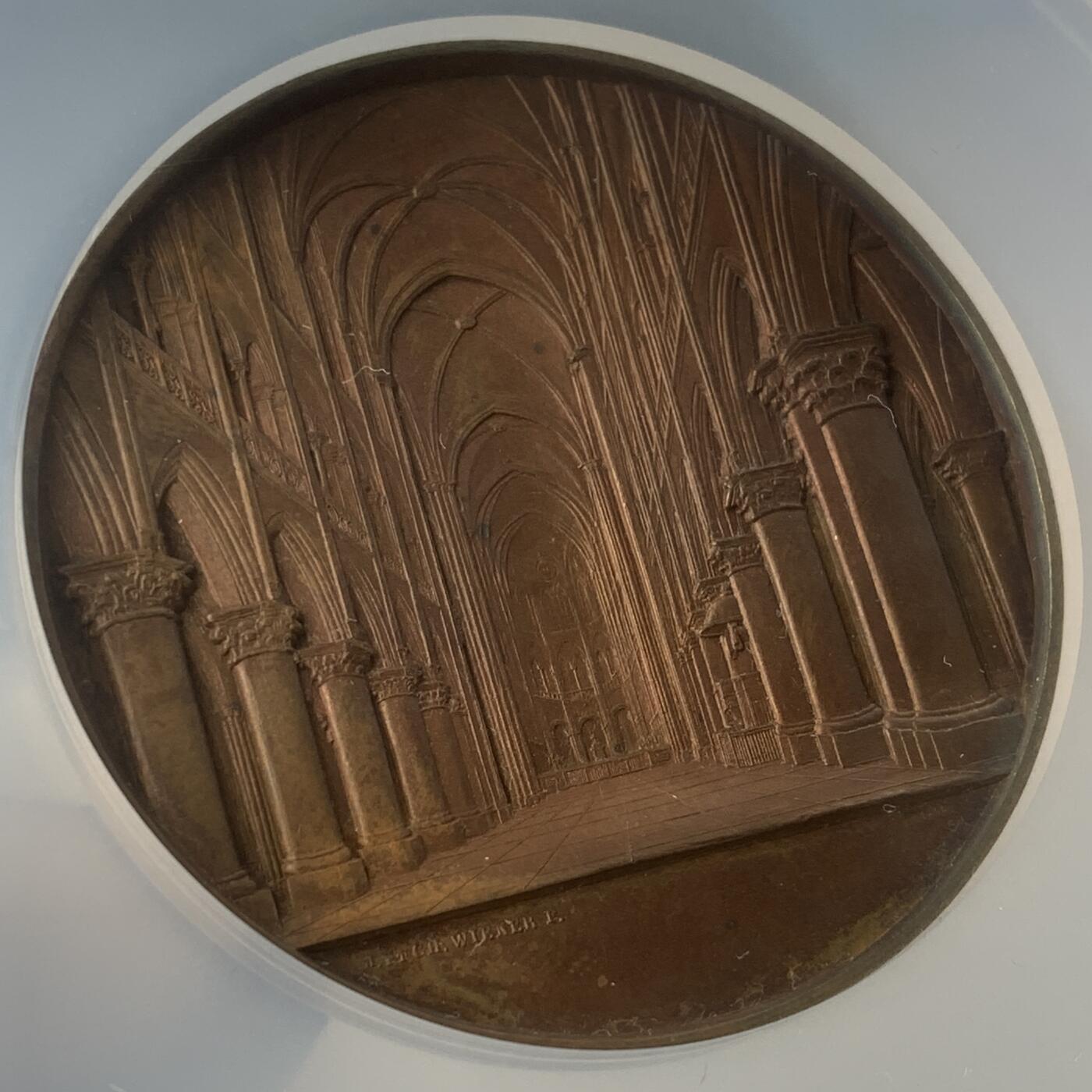 掌中浮雕-藏着的欧洲第045场 NGC MS62 : 1855年法国巴黎圣母院铜章 ,59mm，大师维纳教堂系列中稀少品种