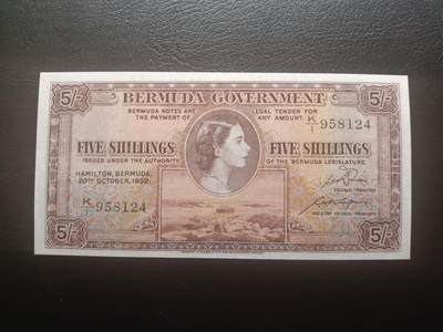 2025十二月第二期，总207期 - 英属百慕大1952年5先令AUNC此年份首冠K/1，青年女王和总督府徽章