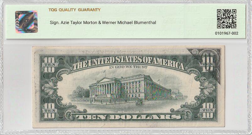 2025十二月第二期，总207期 美国1977年10元TQG40分，由于背面油墨折叠失误造成了一种有趣的“背面错滚墨”错版