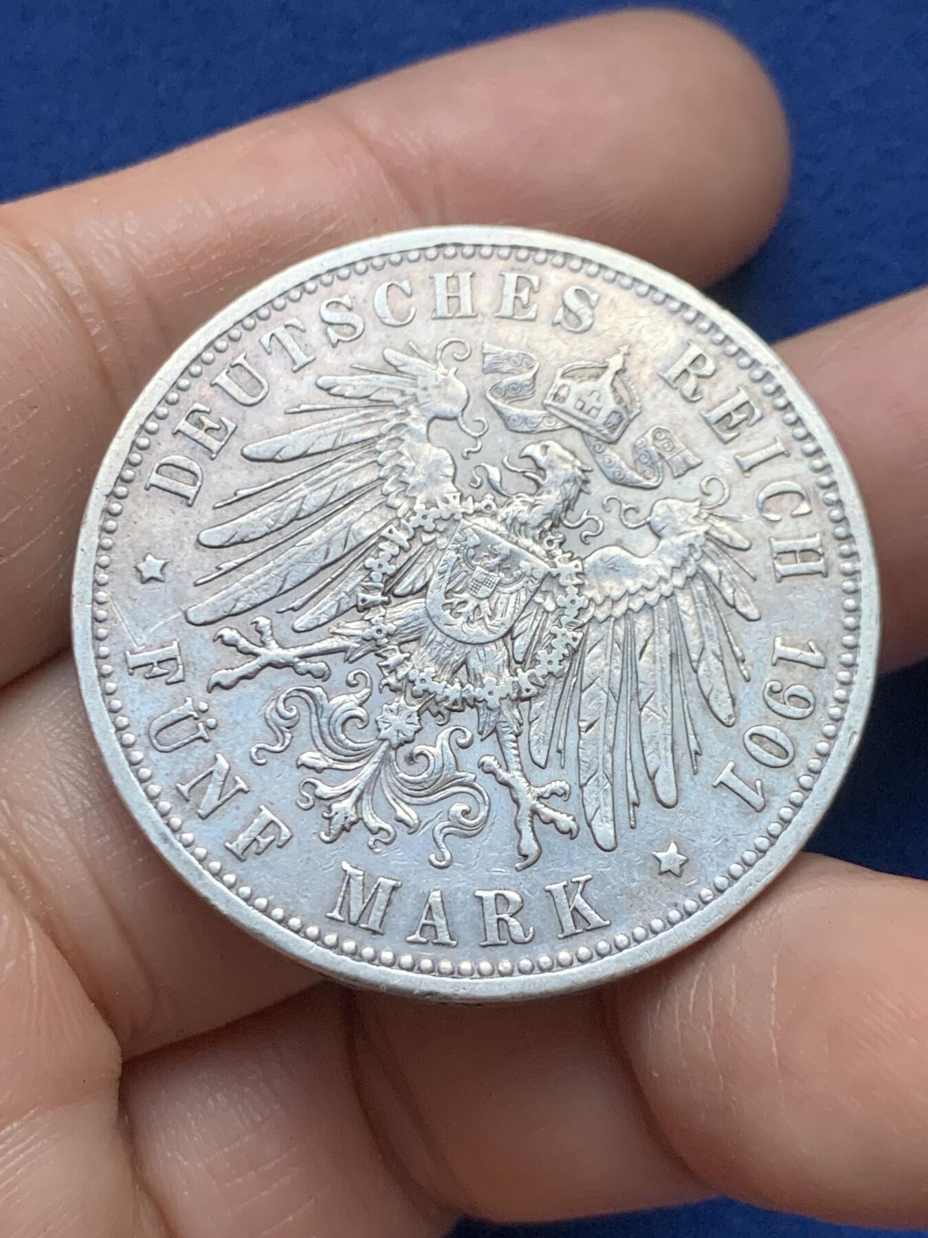 《竞宝斋》第446场 周日，周一，2场连拍 （全场包邮） 德国1901年普鲁士威廉二世5马克银币