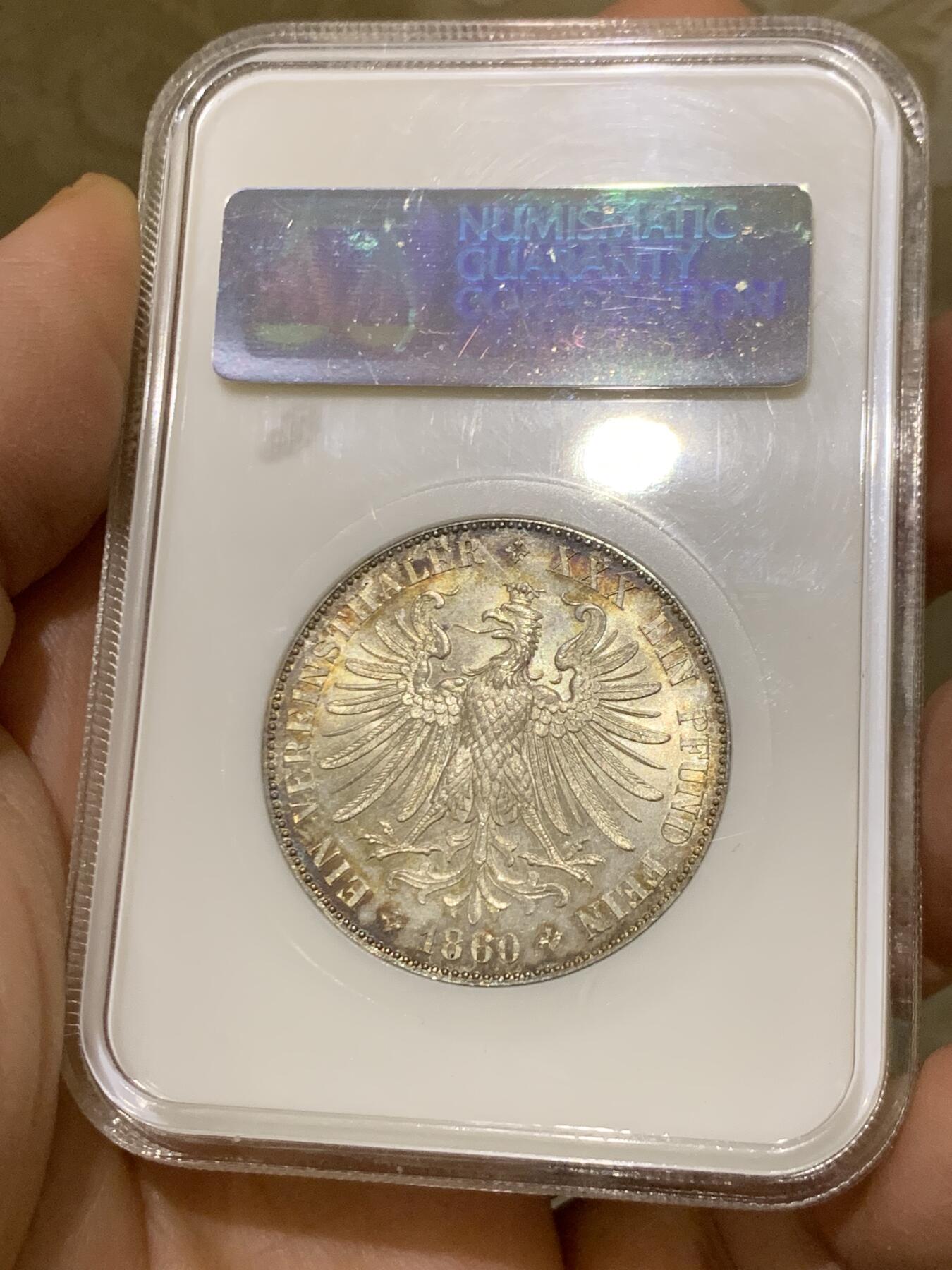 《竞宝斋》第446场 周日，周一，2场连拍 （全场包邮） NGC MS63 德国1860年法兰克福少女泰勒银币 季军分