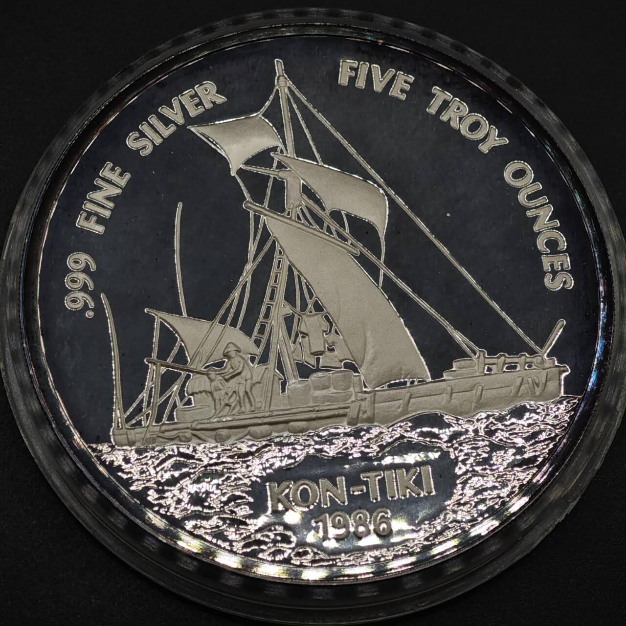 【淘币小摊】实时拍第八百二十二拍   银币套币场   满百包邮可预留二周 每周一统一发货   西萨摩亚1986年“康提基”号帆船25塔拉银币5盎司精制银币1988年克劳斯最具艺术币银价2060