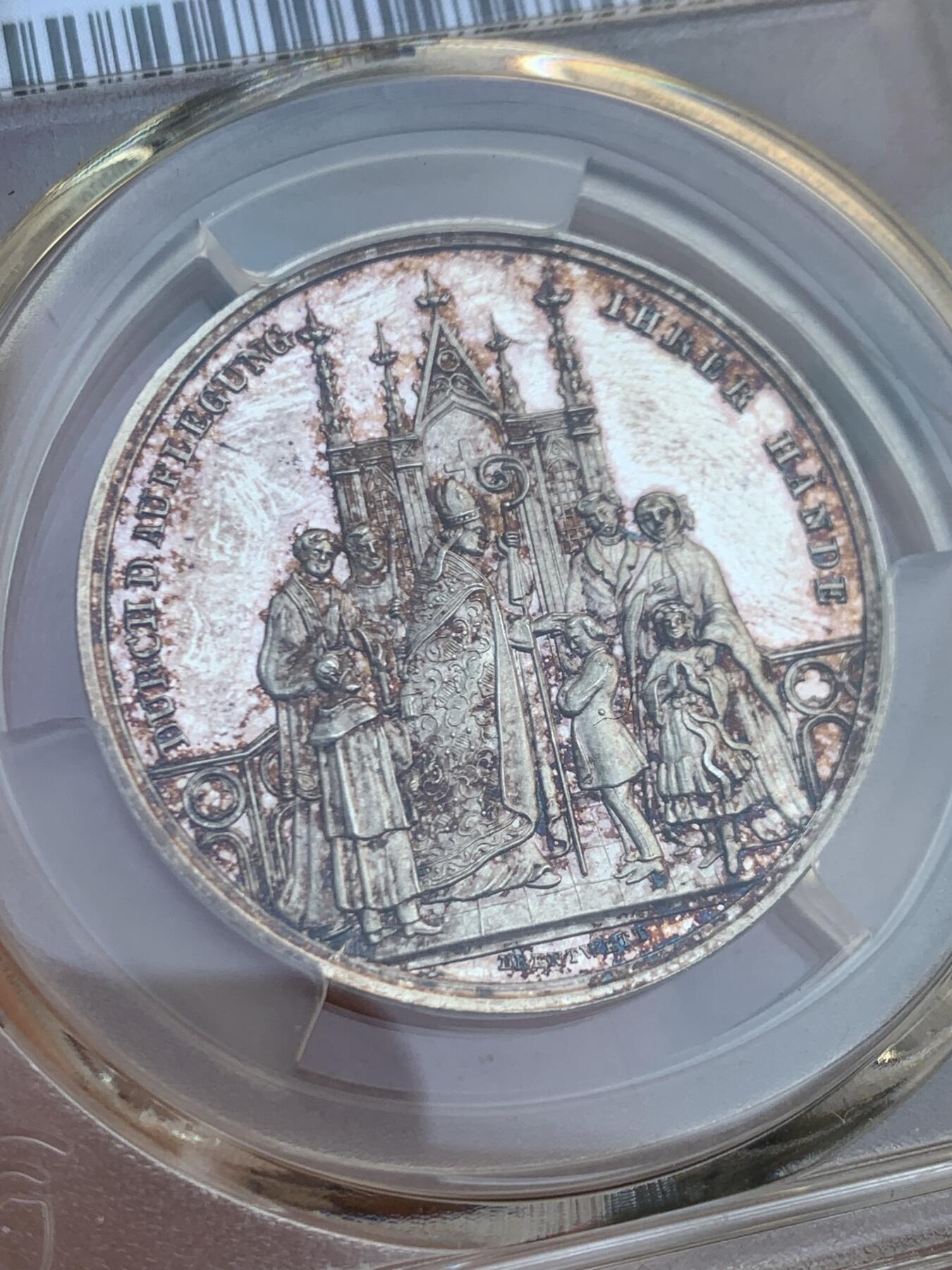 《竞宝斋》第446场 周日，周一，2场连拍 （全场包邮） PCGS SP63 德国 1850年 奥格斯堡 天主教洗礼银章 冠军分 包浆漂亮 雕刻精细 霜感十足 PL底板