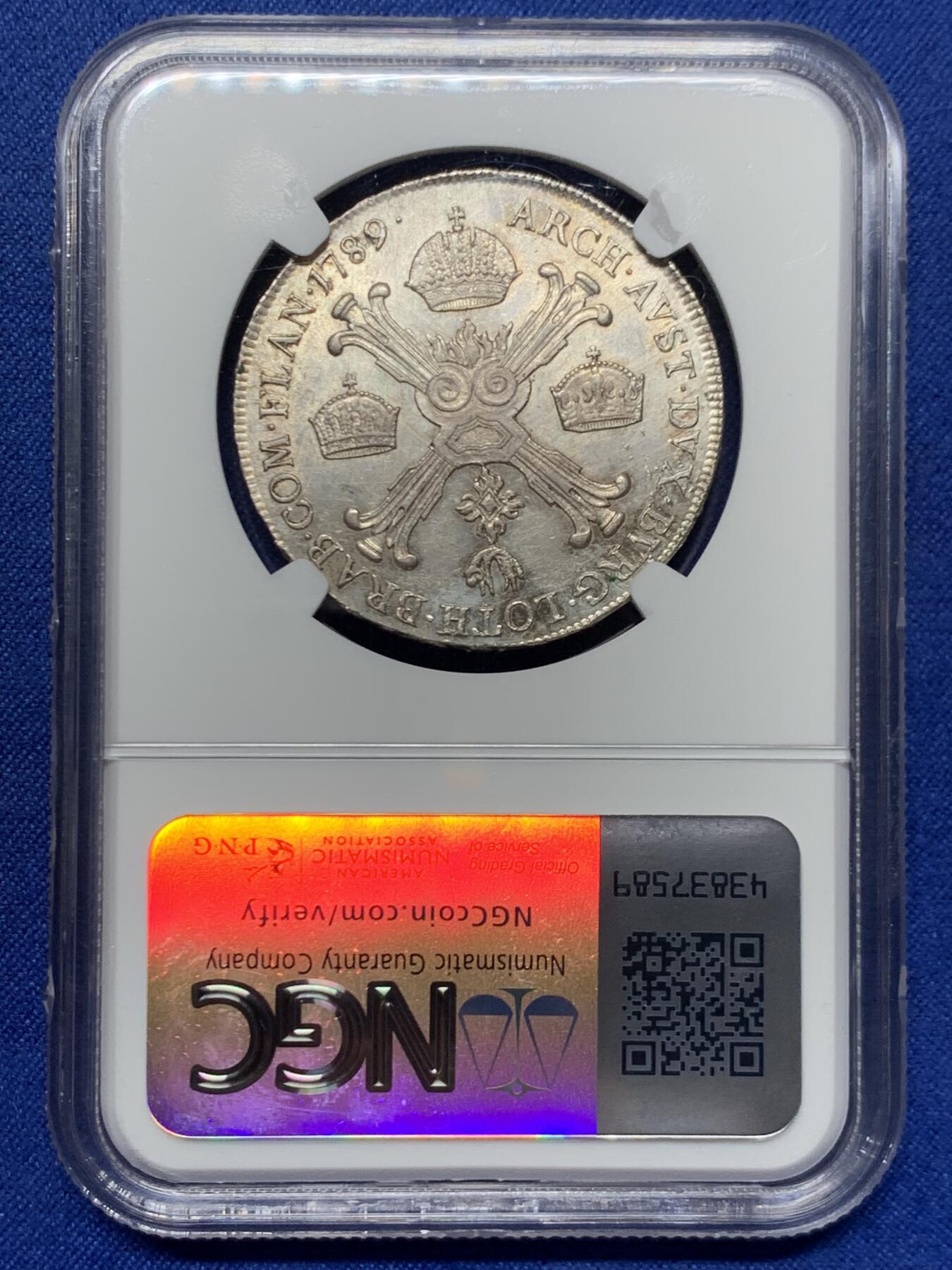 《竞宝斋》第446场 周日，周一，2场连拍 （全场包邮） 唯一冠军分 NGC MS62 奥属尼德兰 1789年 约瑟夫二世 1/2泰勒银币 全深打在这个品类上已经很难得了 包浆也好