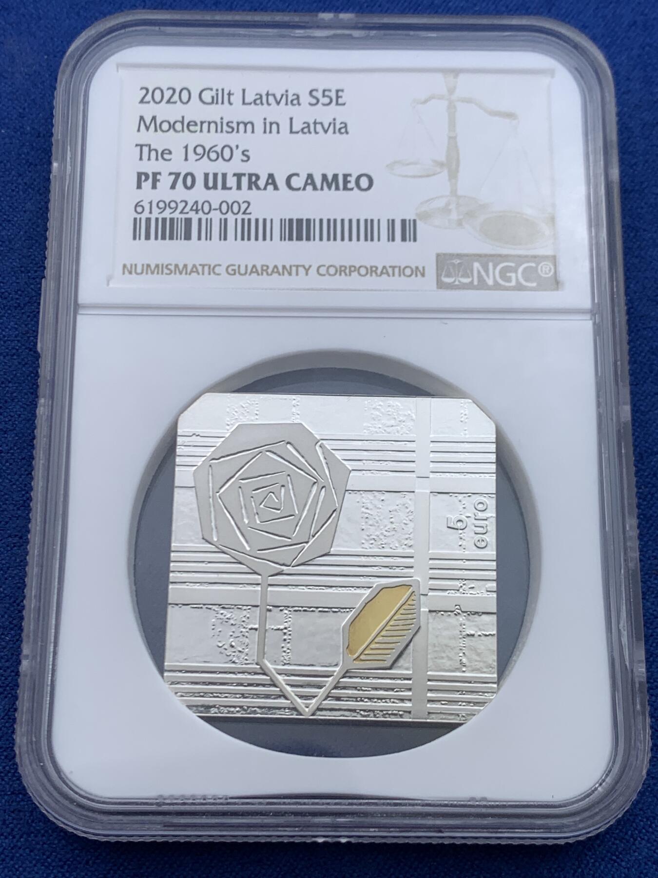 《竞宝斋》第446场 周日，周一，2场连拍 （全场包邮） NGC PF70UC 2020年“拉脱维亚现代主义·六十年代”切角方形精制纪念银币，获奖币，70满分，冠军分。