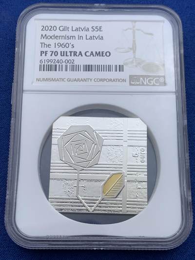 《竞宝斋》第446场 周日，周一，2场连拍 （全场包邮） - NGC PF70UC 2020年“拉脱维亚现代主义·六十年代”切角方形精制纪念银币，获奖币，70满分，冠军分。