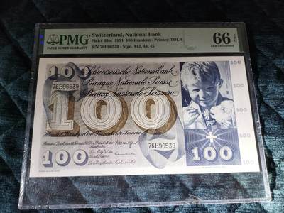 【礼羽收藏】🌏世界钱币拍卖第115期 - 瑞士1971年100法郎纸币，PMG66EPQ评级，圣马丁割袍版，票面编号76E96539，签名42、43、45。全新未流通，带原壳，分数高，收藏价值高，适合钱币收藏爱好者。