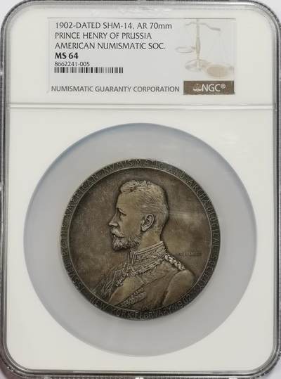 博洋堂藏家专场系列之美国钱币白金之夜专场②暨第152期（全场包邮）  - NGC MS64 美国1902年纪念德国普鲁士王子访问纪念大银章 尺寸69.7MM 正面为身穿戎装的普鲁士王子 背面为代表商业繁荣的墨丘利身处云层中看向西方 在背面的右下角还有代表美国的盾徽和普鲁士的鹰徽 老包浆 雕刻的极其精美 发行量301枚 matte工艺