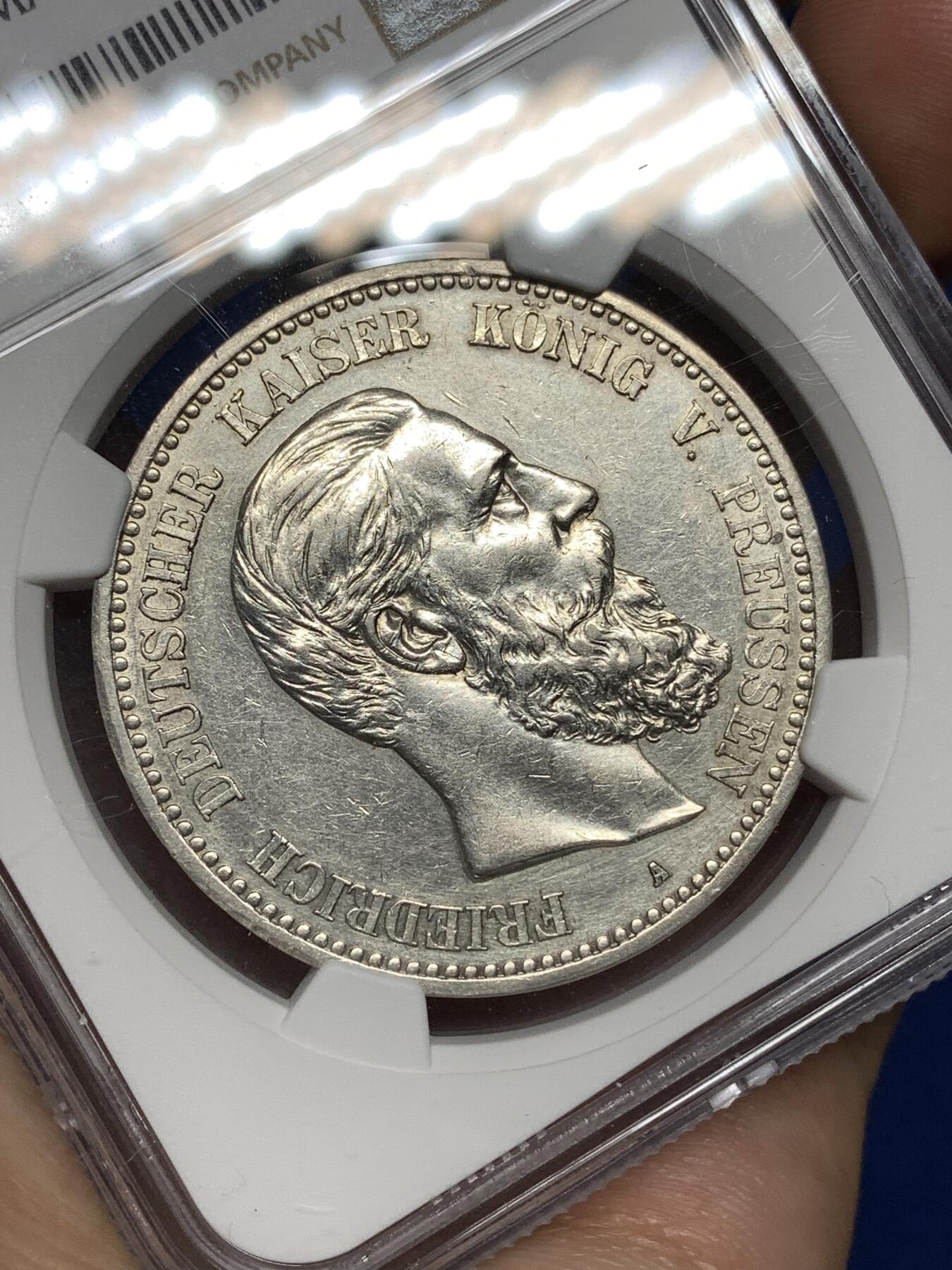 《竞宝斋》第446场 周日，周一，2场连拍 （全场包邮） NGC AUD 德国 1888年 弗里德里希三世 5马克 银币 27.78g 38mm