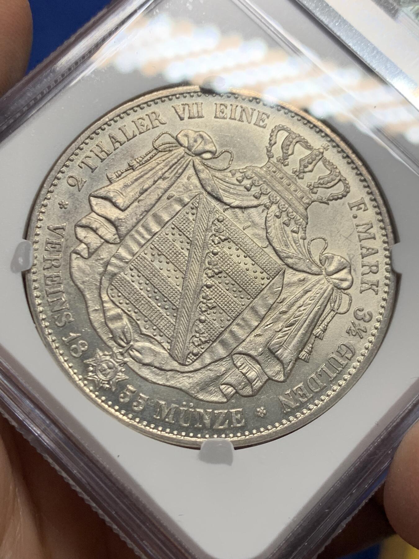 《竞宝斋》第446场 周日，周一，2场连拍 （全场包邮） 季军分 NGC MS62 德国 1855年 萨克森王国 约翰一世 2泰勒37克的大银币 仅发行两年 值得入手 手感十足