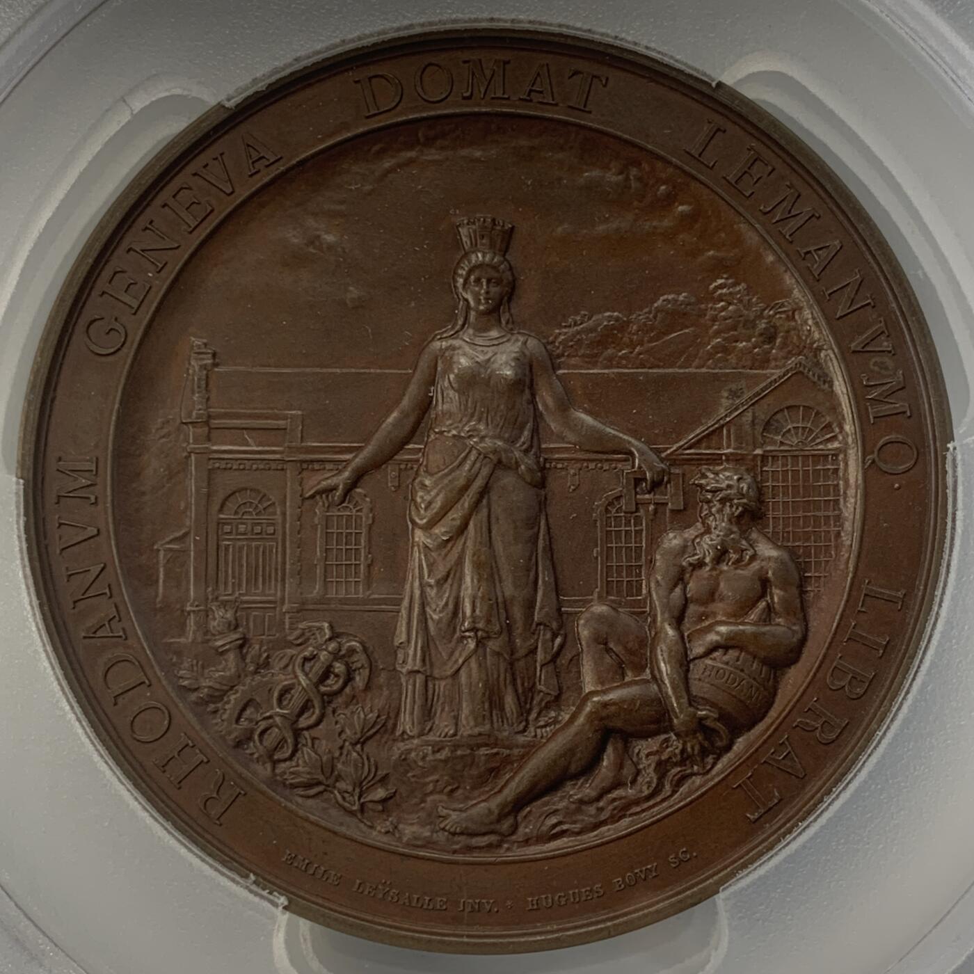 掌中浮雕-藏着的欧洲第045场 PCGS SP64 : 1886瑞士日内瓦库卢夫雷尼耶水电站竣工纪念铜章 , 62mm