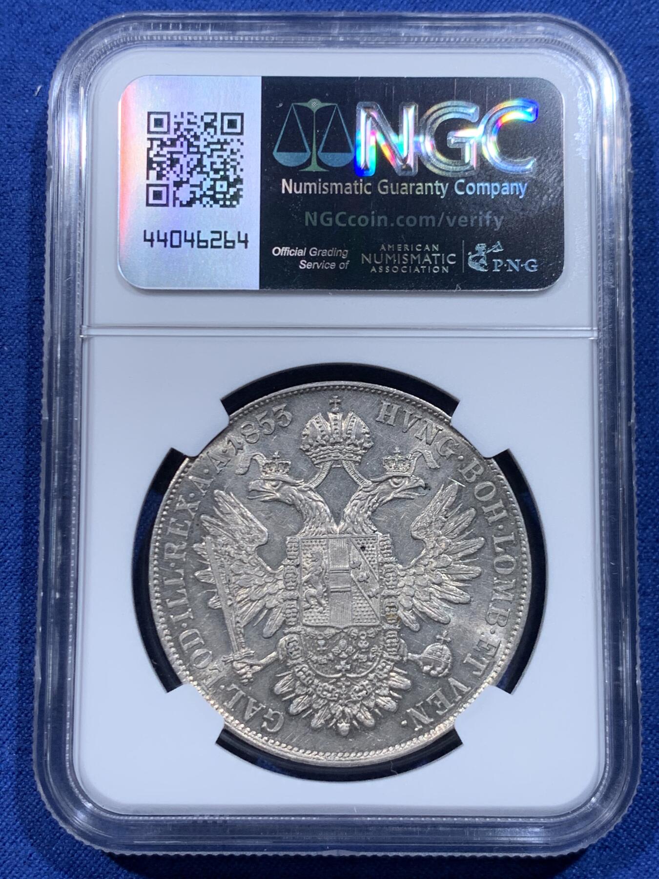 《竞宝斋》第446场 周日，周一，2场连拍 （全场包邮） NGC MS62 奥地利帝国1853年弗兰茨约瑟夫一世协议1泰勒 最稀少的头像版本 更高分只有4枚