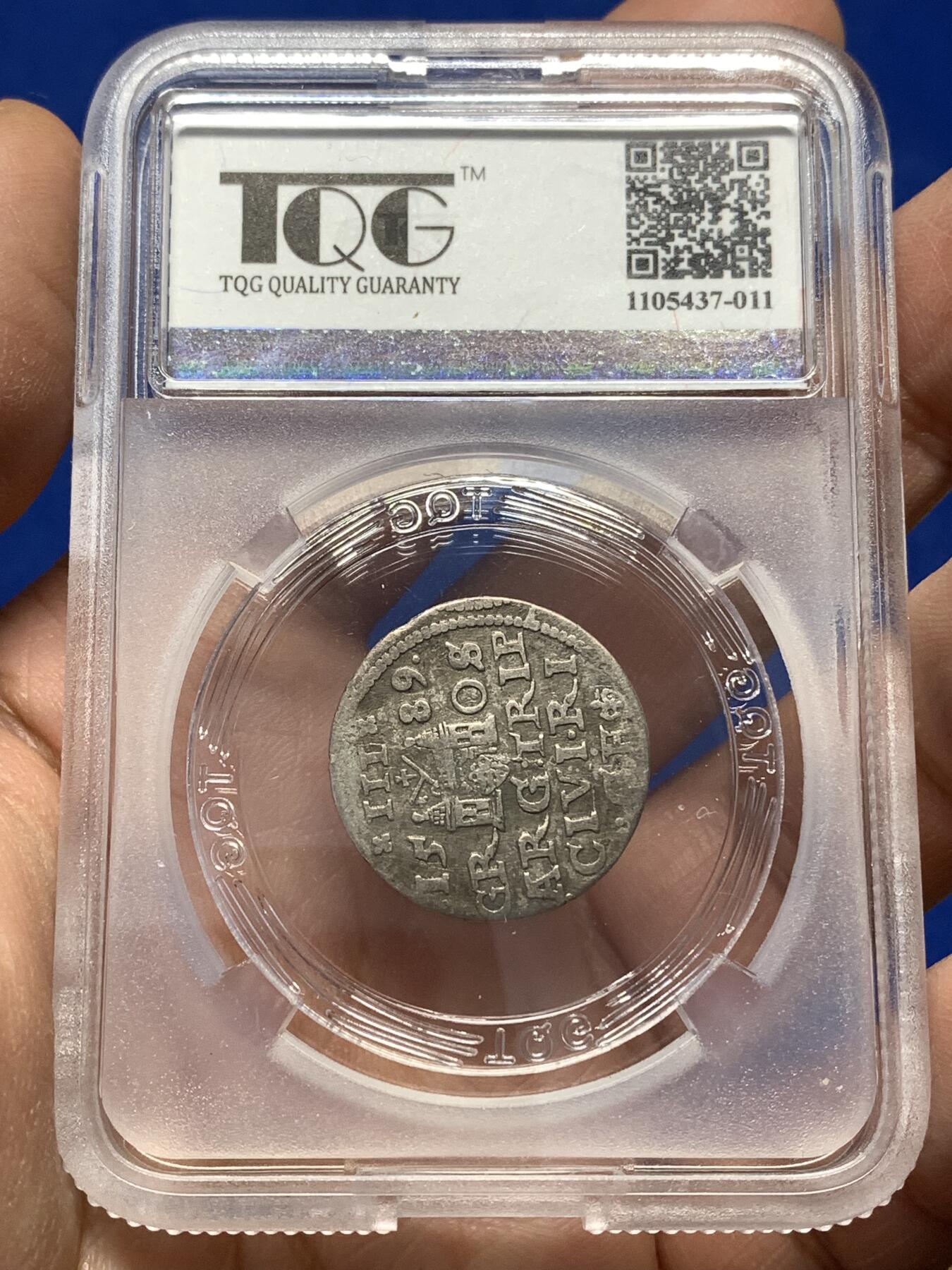 《竞宝斋》第446场 周日，周一，2场连拍 （全场包邮） TQG VF30 波兰立陶宛联邦 1589年 3格罗申 银币 西吉斯蒙德三世在位时期发行 打制良好 细节尚可 少见品种