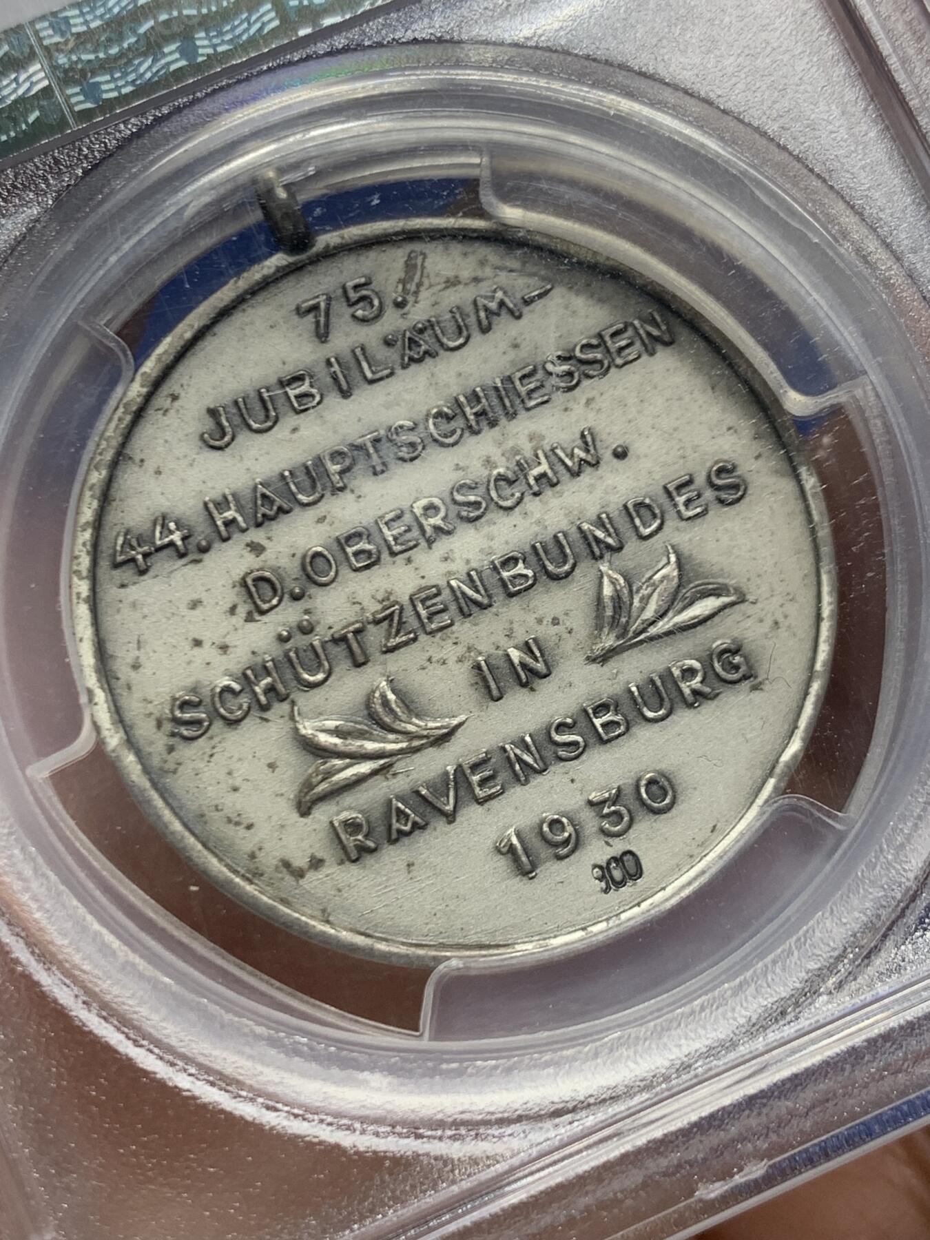 《竞宝斋》第446场 周日，周一，2场连拍 （全场包邮） PCGS MS63 德国 1930年魏玛共和国 拉文斯堡 射击节纪念银章 带银标 P加厚盒装 品种少见