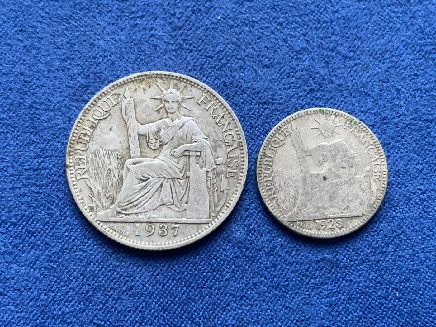 《竞宝斋》第446场 周日，周一，2场连拍 （全场包邮） 两枚一组 法属印支1923年/1937年坐洋10分/20分银币