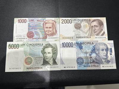 《外钞收藏家》第五百九十二期（精选场）（本平台长期征集拍品、欢迎藏友们联系合作） - 意大利上一版本4张一套（1000-1万里拉）	UNC