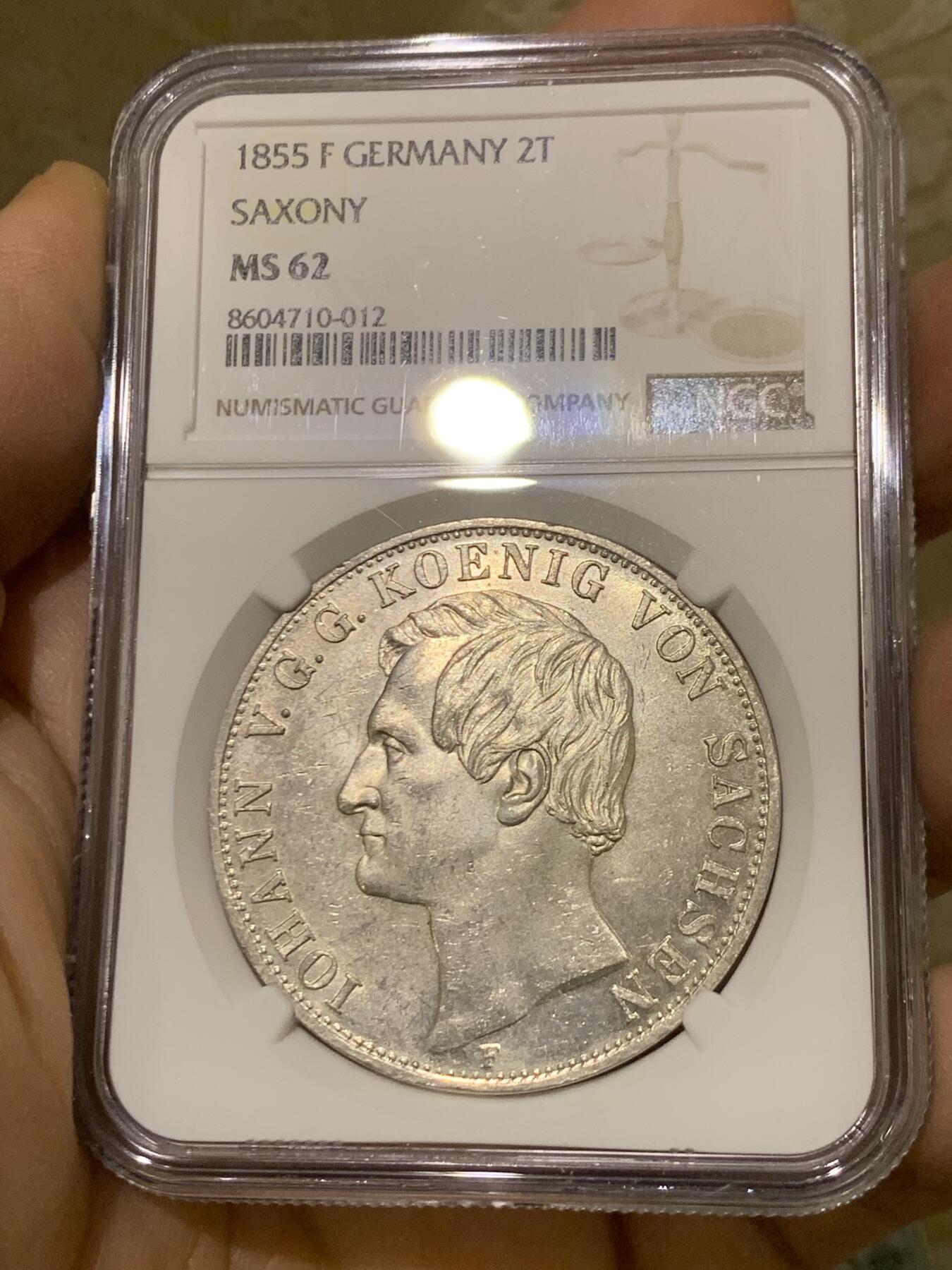 《竞宝斋》第446场 周日，周一，2场连拍 （全场包邮） 季军分 NGC MS62 德国 1855年 萨克森王国 约翰一世 2泰勒37克的大银币 仅发行两年 值得入手 手感十足