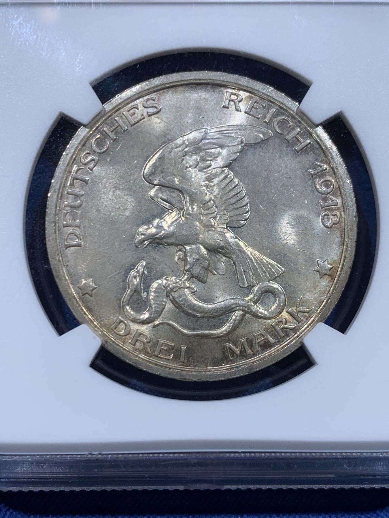 《竞宝斋》第446场 周日，周一，2场连拍 （全场包邮） NGC MS64 德国1913年普鲁士战胜拿破仑百年纪念3马克银币