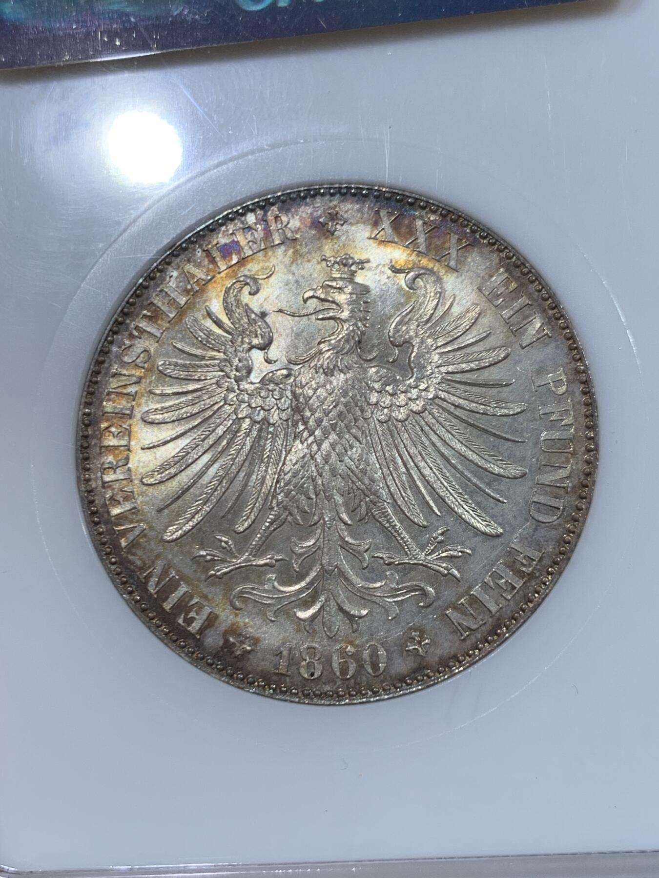 《竞宝斋》第446场 周日，周一，2场连拍 （全场包邮） NGC MS63 德国1860年法兰克福少女泰勒银币 季军分