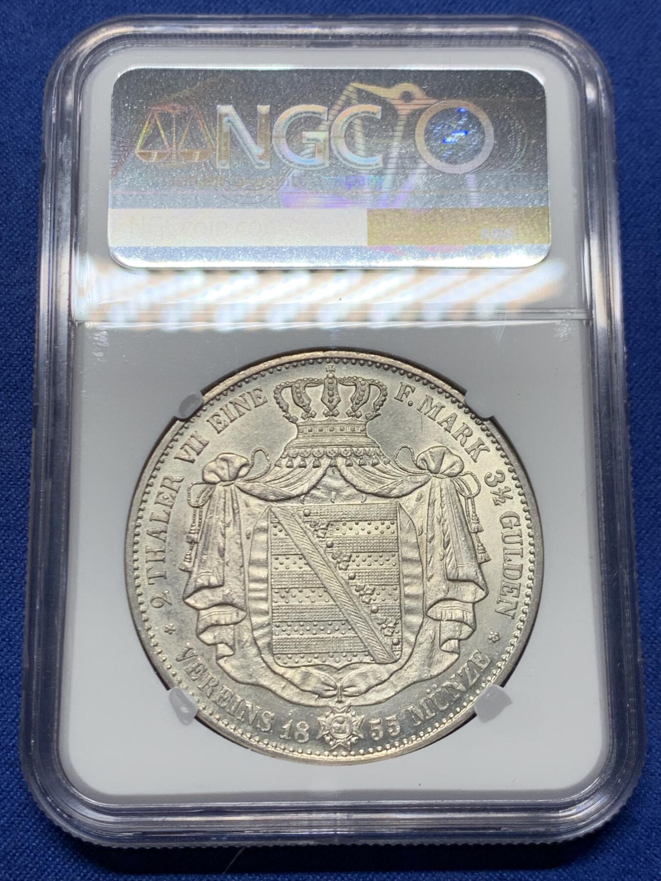 《竞宝斋》第446场 周日，周一，2场连拍 （全场包邮） 季军分 NGC MS62 德国 1855年 萨克森王国 约翰一世 2泰勒37克的大银币 仅发行两年 值得入手 手感十足