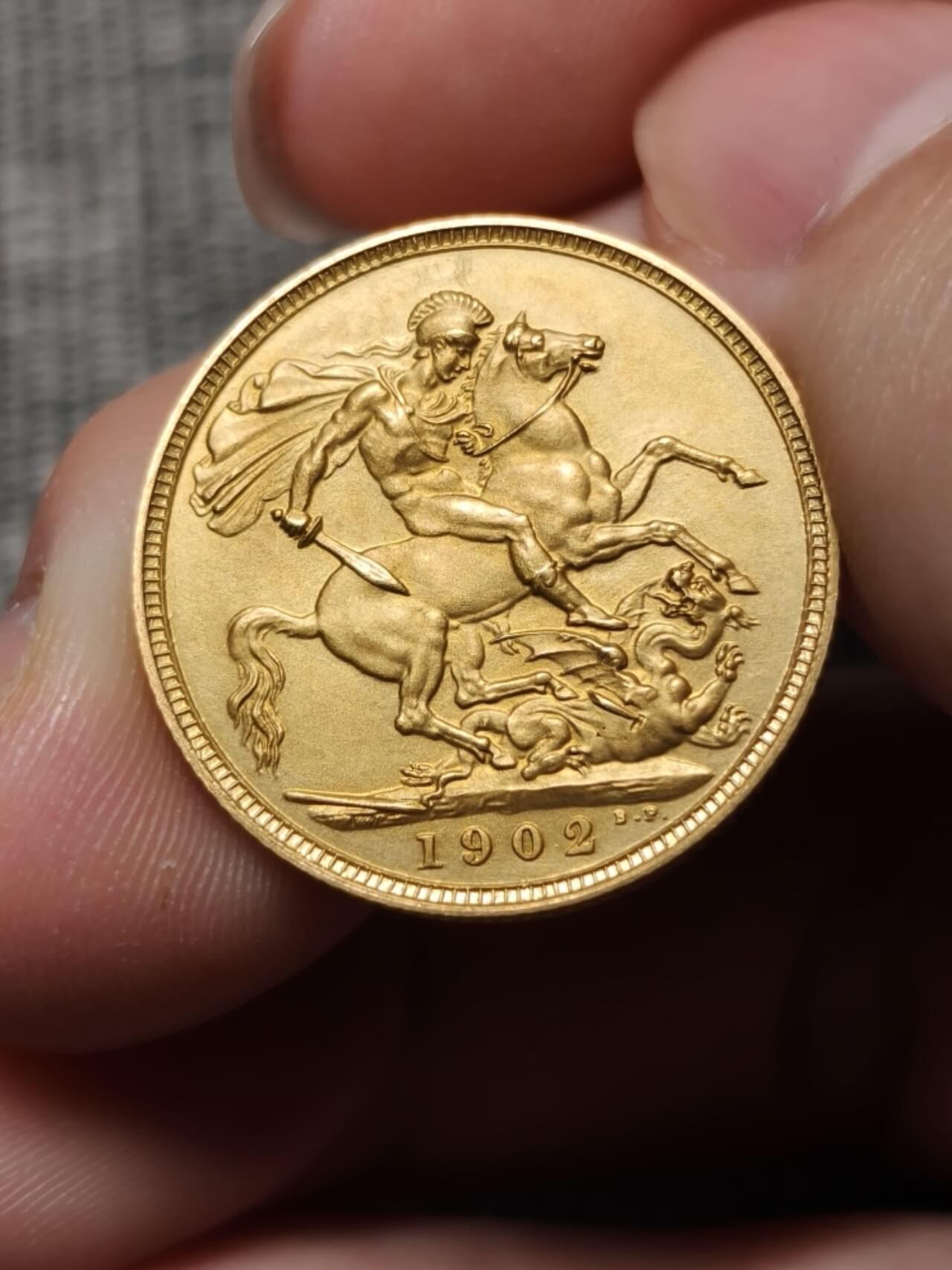 精制Matte1902年英国爱德华七世精制马剑索维林金币英镑