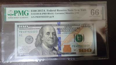 世界钱币～微拍第219期暨2025年第59期  老库存低价起拍 - 2017A美国100元 带4狮子号2222 PMG66E