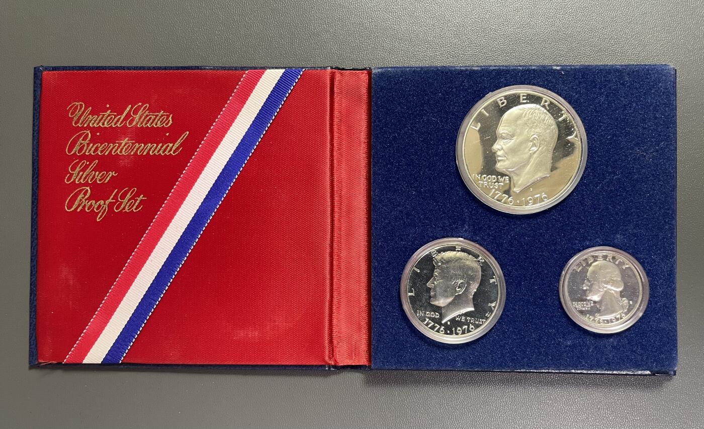 回流1208 原盒精制银币 美国1976年建国200年纪念银币三枚套装 精制币 艾森豪威尔、肯尼迪、华盛顿总统