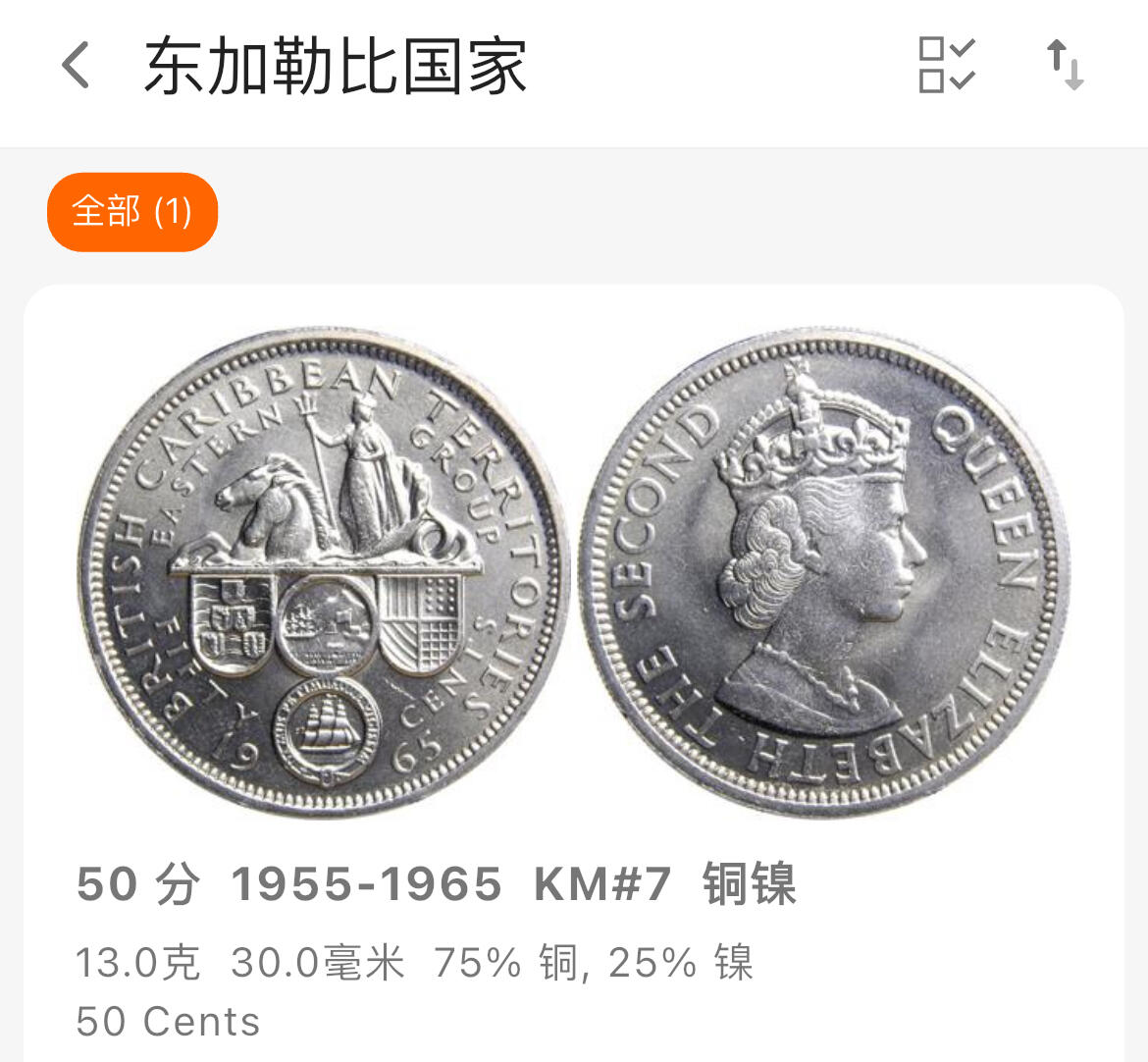 回流1215 英属东加勒比1955年50分镍币