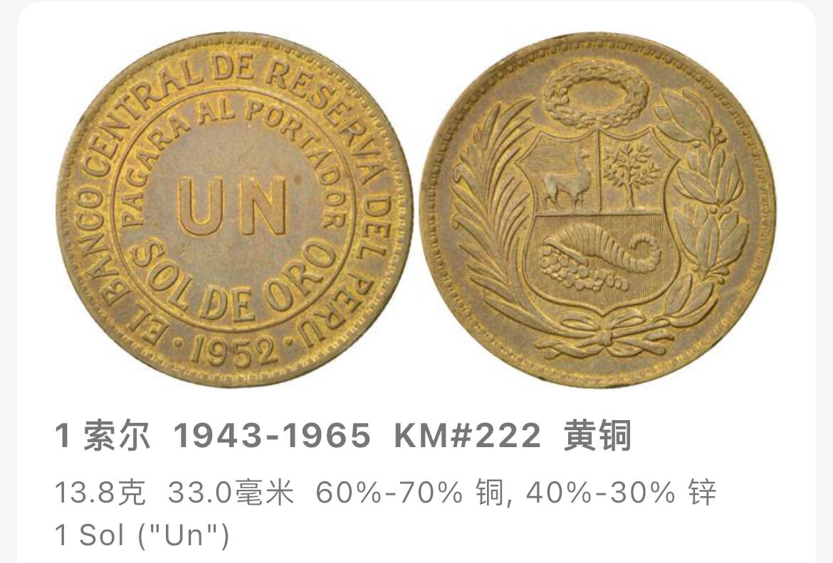 回流1208 秘鲁1958年1索尔铜币 大尺寸33mm