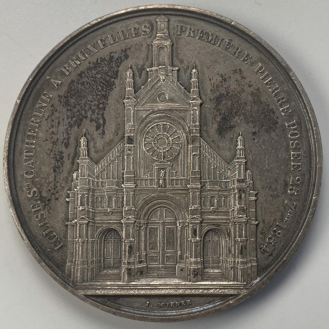 掌中浮雕-藏着的欧洲第045场 1860年比利时布鲁塞尔圣•凯瑟琳教堂镀银铜章 ，50mm，（镀银的教堂章非常少见），  雕刻家：Jacob Wiener