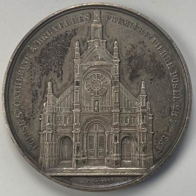 掌中浮雕-藏着的欧洲第045场 - 1860年比利时布鲁塞尔圣•凯瑟琳教堂镀银铜章 ，50mm，（镀银的教堂章非常少见），  雕刻家：Jacob Wiener