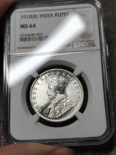 NGC评级MS64英属印度乔治五世1918年卢比银币孟买厂无瑕银霜有4枚750一个 - NGC评级MS64英属印度乔治五世1918年卢比银币孟买厂无瑕银霜有4枚750一个