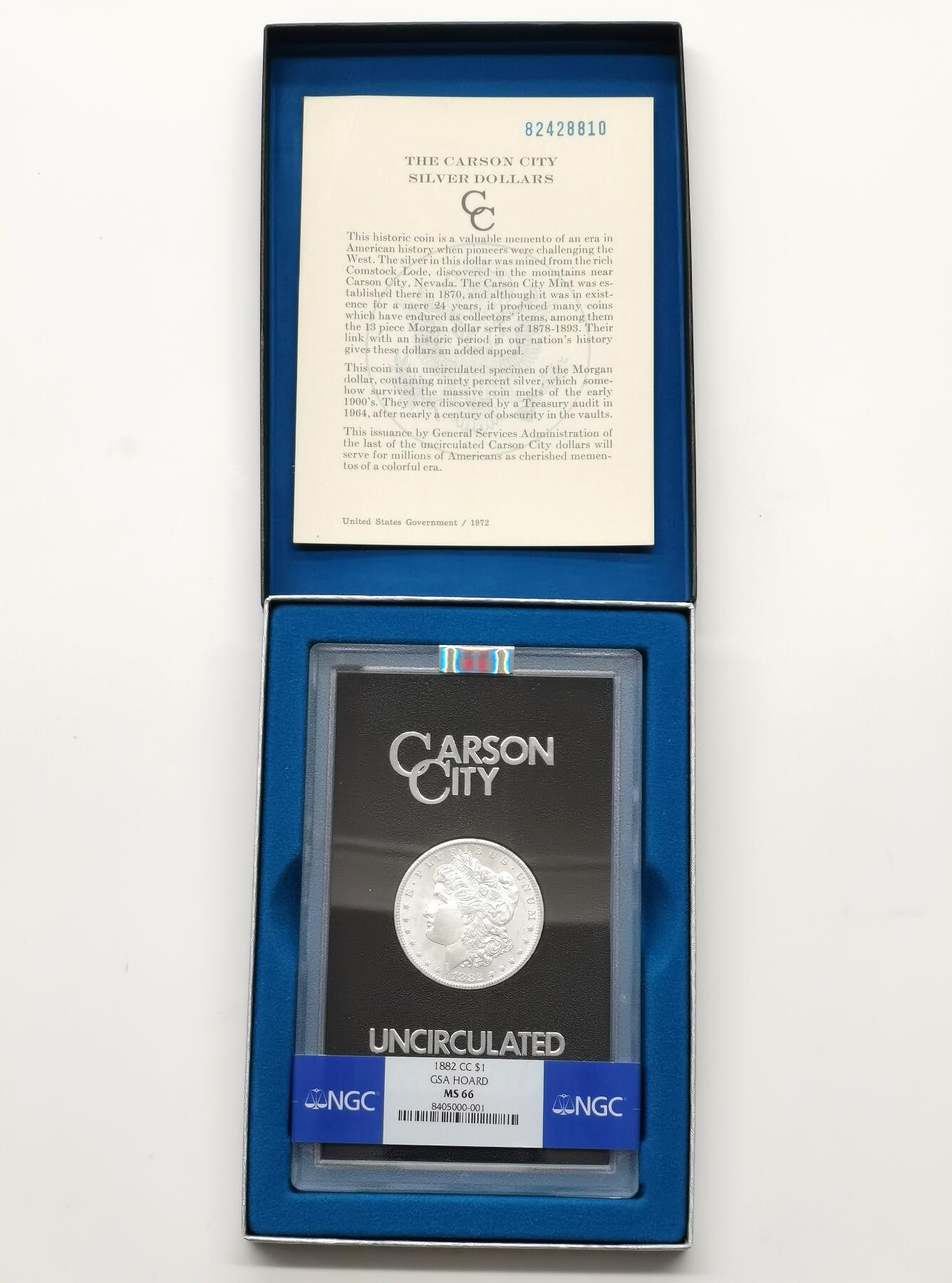 博洋堂藏家专场系列之美国钱币白金之夜专场②暨第152期（全场包邮）  NGC MS66 美国1882 CC 摩根 卡森厂 GSA大封装 盒证皆全 此分数为卡森厂钱币分水岭 评级数量断层式减少 仅为65分的约六分之一 仅为1883年同分的一半 麦稀奇所见最高分 品相完美 极其难得的高分藏品 不可错过 NGC指导价为2100USD 约15000RMB