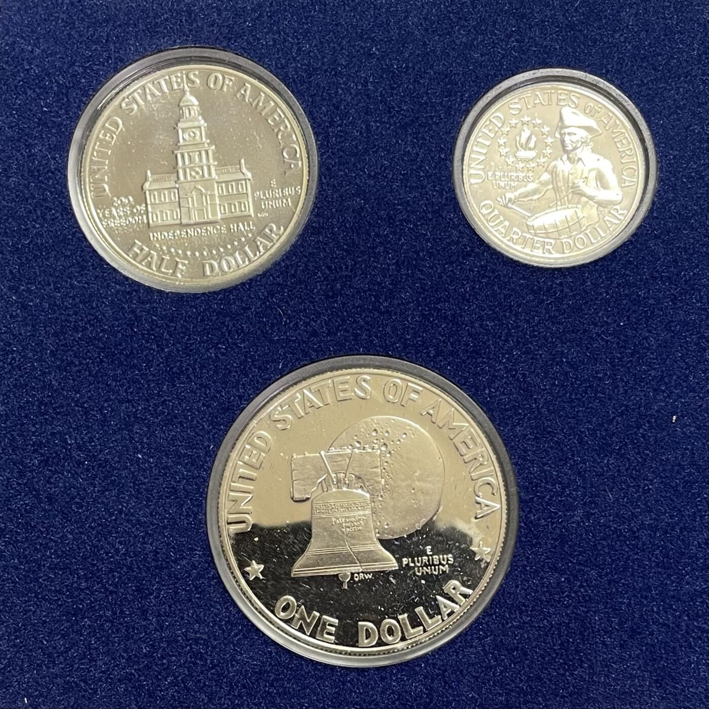 回流1208 原盒精制银币 美国1976年建国200年纪念银币三枚套装 精制币 艾森豪威尔、肯尼迪、华盛顿总统