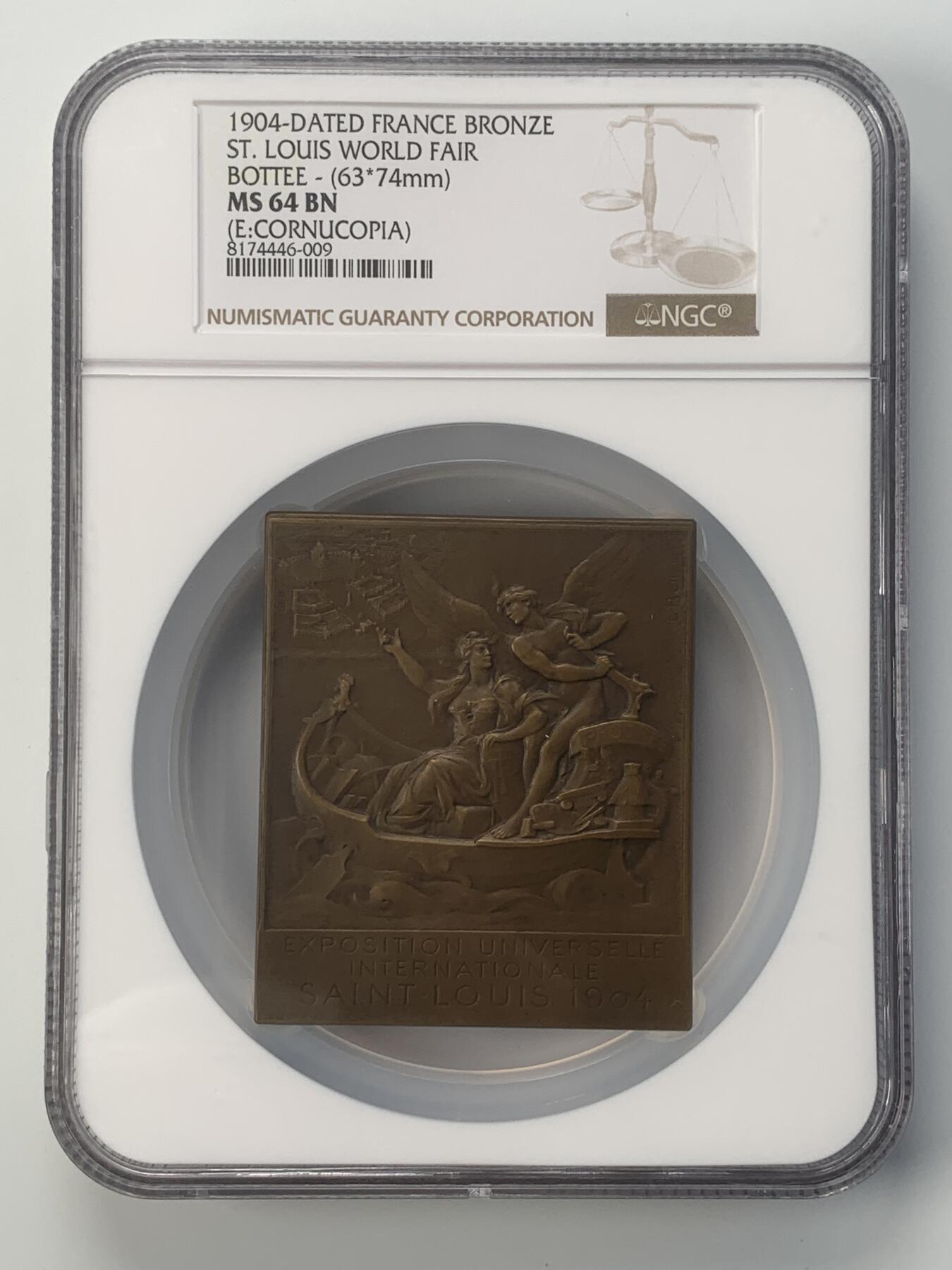 掌中浮雕-藏着的欧洲第045场 NGC MS64 : 1904年法国纪念美国圣路易斯世博会铜章 ，74 X 63mm