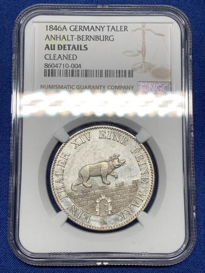 《竞宝斋》第446场 周日，周一，2场连拍 （全场包邮） - NGC AU 德国 1846A 安哈特伯恩堡小熊爬墙经典泰勒银币