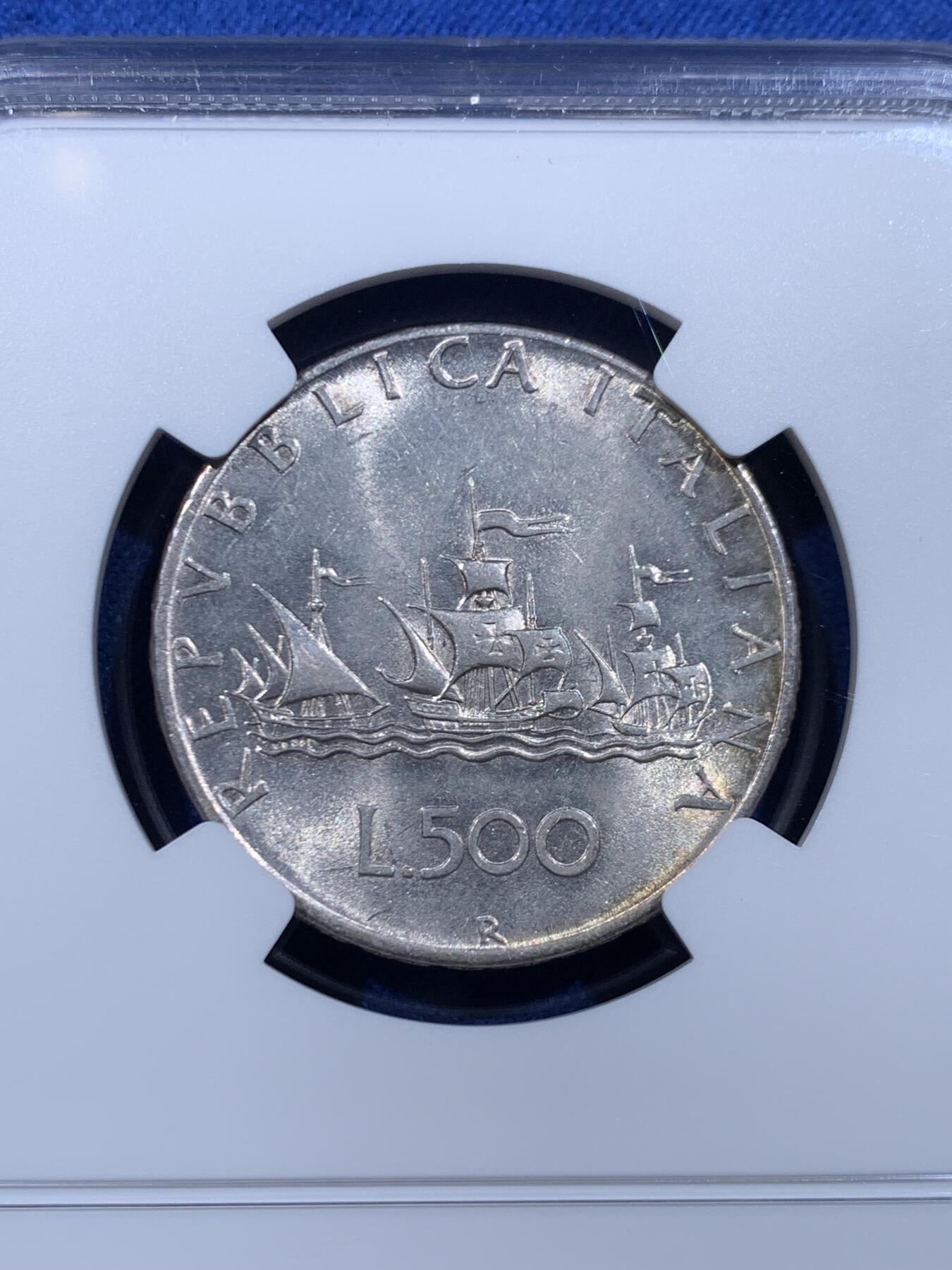 《竞宝斋》第446场 周日，周一，2场连拍 （全场包邮） NGC MS62 意大利1958年500里拉银币，该版500里拉首年份，经典人妻帆船设计，代表事业与爱情