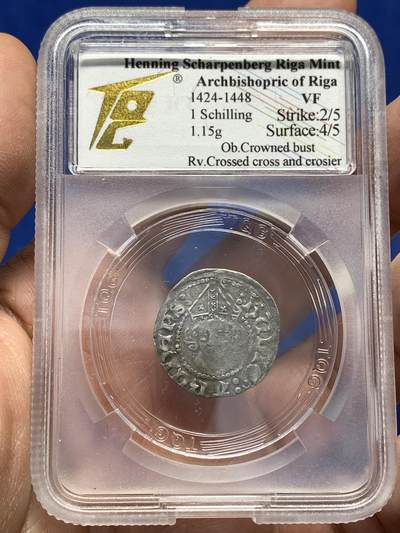 《竞宝斋》第446场 周日，周一，2场连拍 （全场包邮） - TQG VF 里加大主教区 1424-1448年 1先令 银币 近600年的钱币 人像面仍清晰可见 细节良好 少见品种