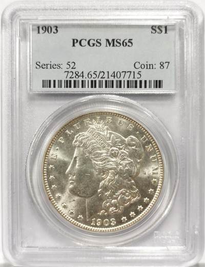 博洋堂藏家专场系列之美国钱币白金之夜专场②暨第152期（全场包邮）  - PCGS MS65 美国1903 摩根 此年超过95%的产量在原封币袋中就被销毁 因此这个本应常见的年份 其未流通品相意外地变得极其稀有和珍贵 此枚铸打精美 十字转光 收藏好品