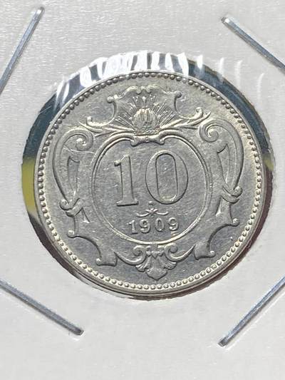 2025年第一百三十四场(总第一百六十场）外国好品纸夹散币场(免佣金) - 奥地利帝国1909年10赫勒(奥匈帝国弗朗茨·约瑟夫一世时期)