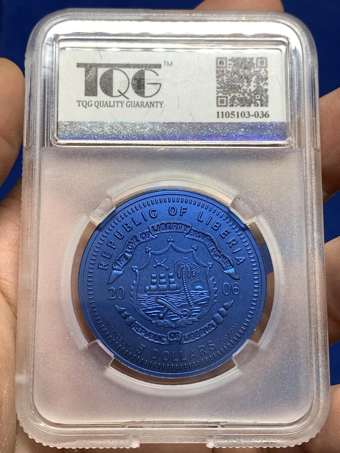 《竞宝斋》第446场 周日，周一，2场连拍 （全场包邮） TQG MS69 利比里亚2006年5元蓝铌币 欧元10周年纪念-马耳他 7.78克 发行量：1万