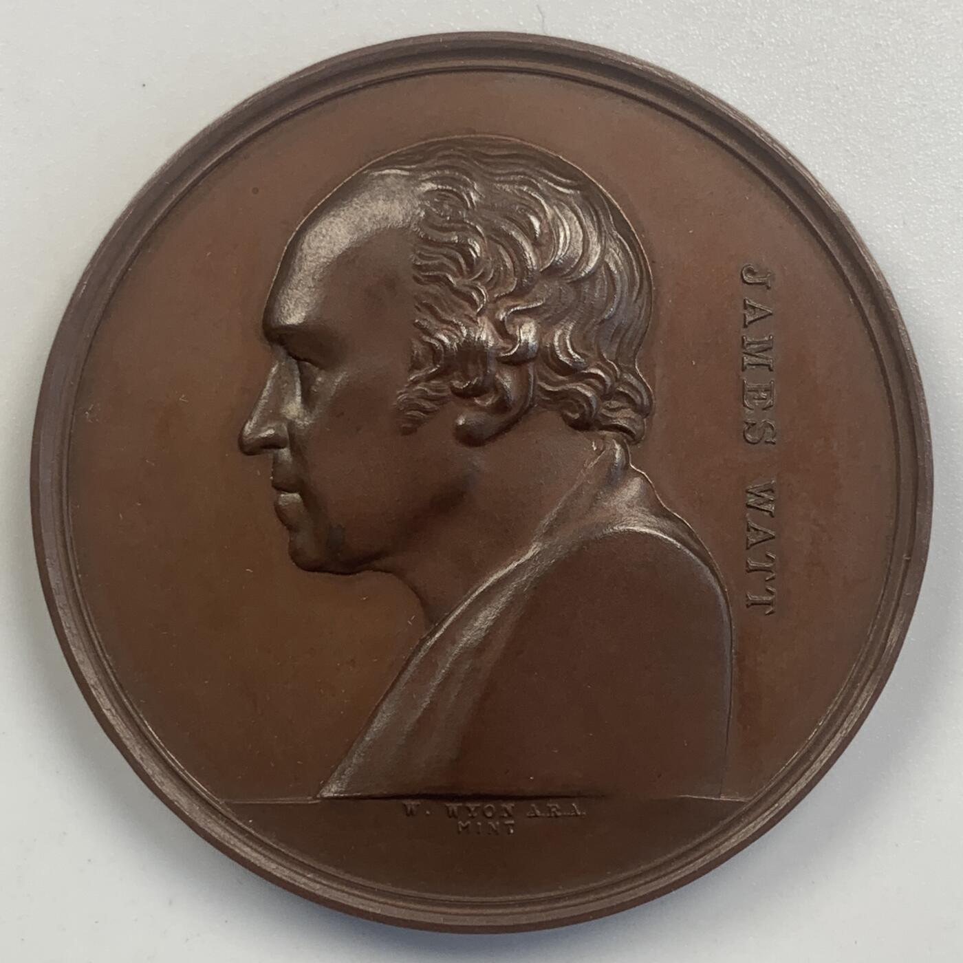 掌中浮雕-藏着的欧洲第045场 1833年英国皇家康沃尔理工学会詹姆斯·瓦特纪念铜章，45mm，42g，由皇家造币厂首席雕刻师W.Wyon设计制作，原盒