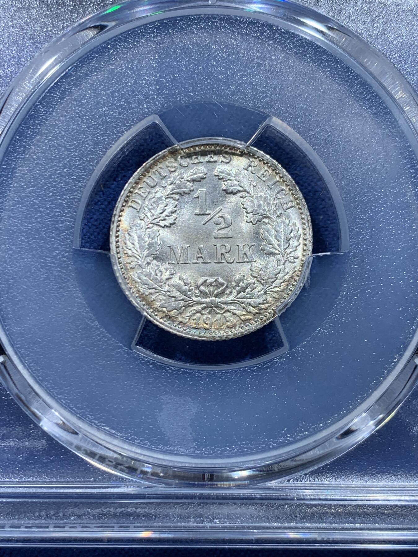 《竞宝斋》第446场 周日，周一，2场连拍 （全场包邮） PCGS MS67 德国1915年1/2马克银币 F厂铭 高分难得 强转光品相