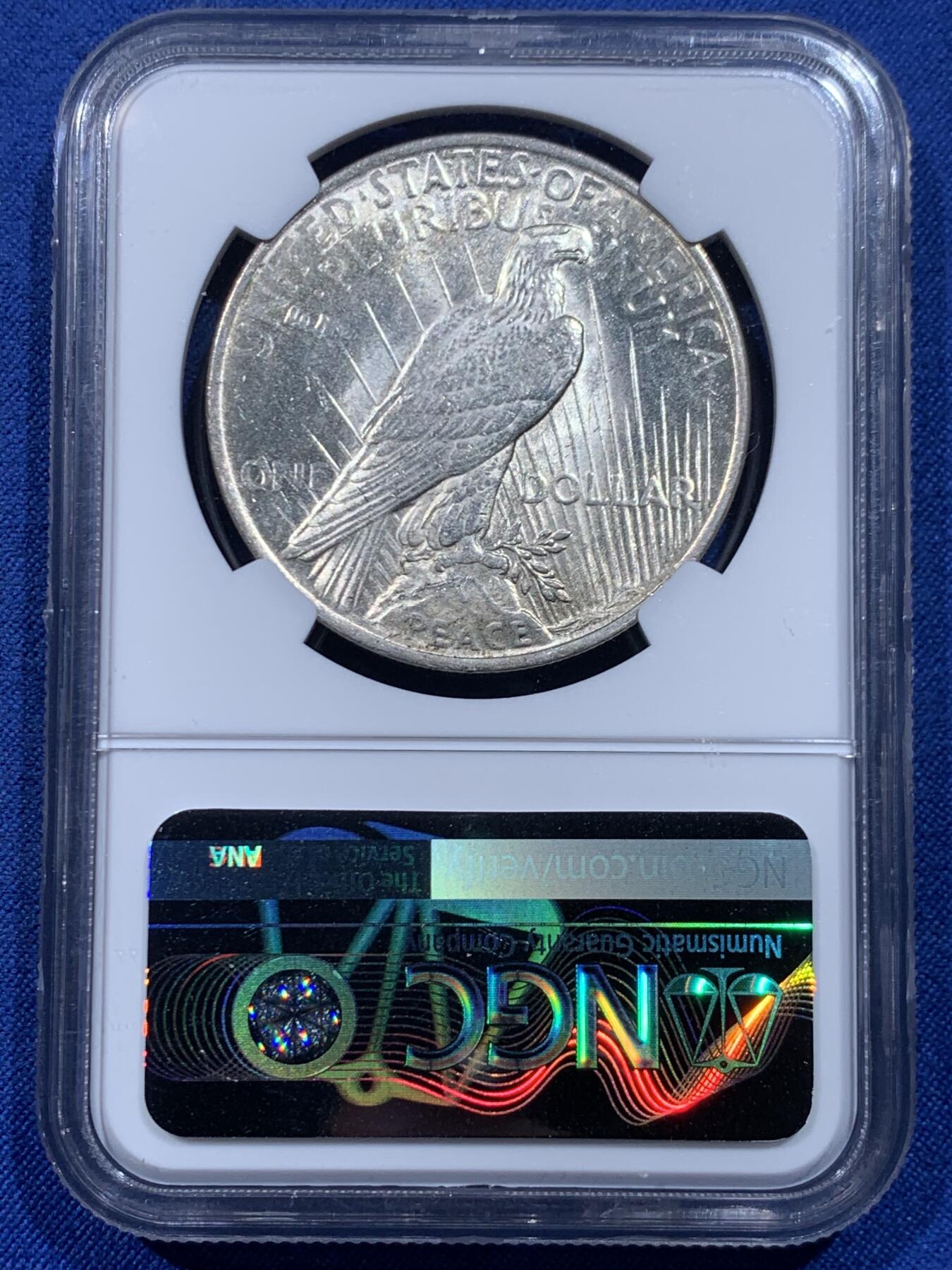 《竞宝斋》第446场 周日，周一，2场连拍 （全场包邮） NGC MS63 美国1923年和平银元，原光品相，在金银价格飙涨的今天，是投资保值的利器。盒子上沿有磕，不影响币，细节见图。