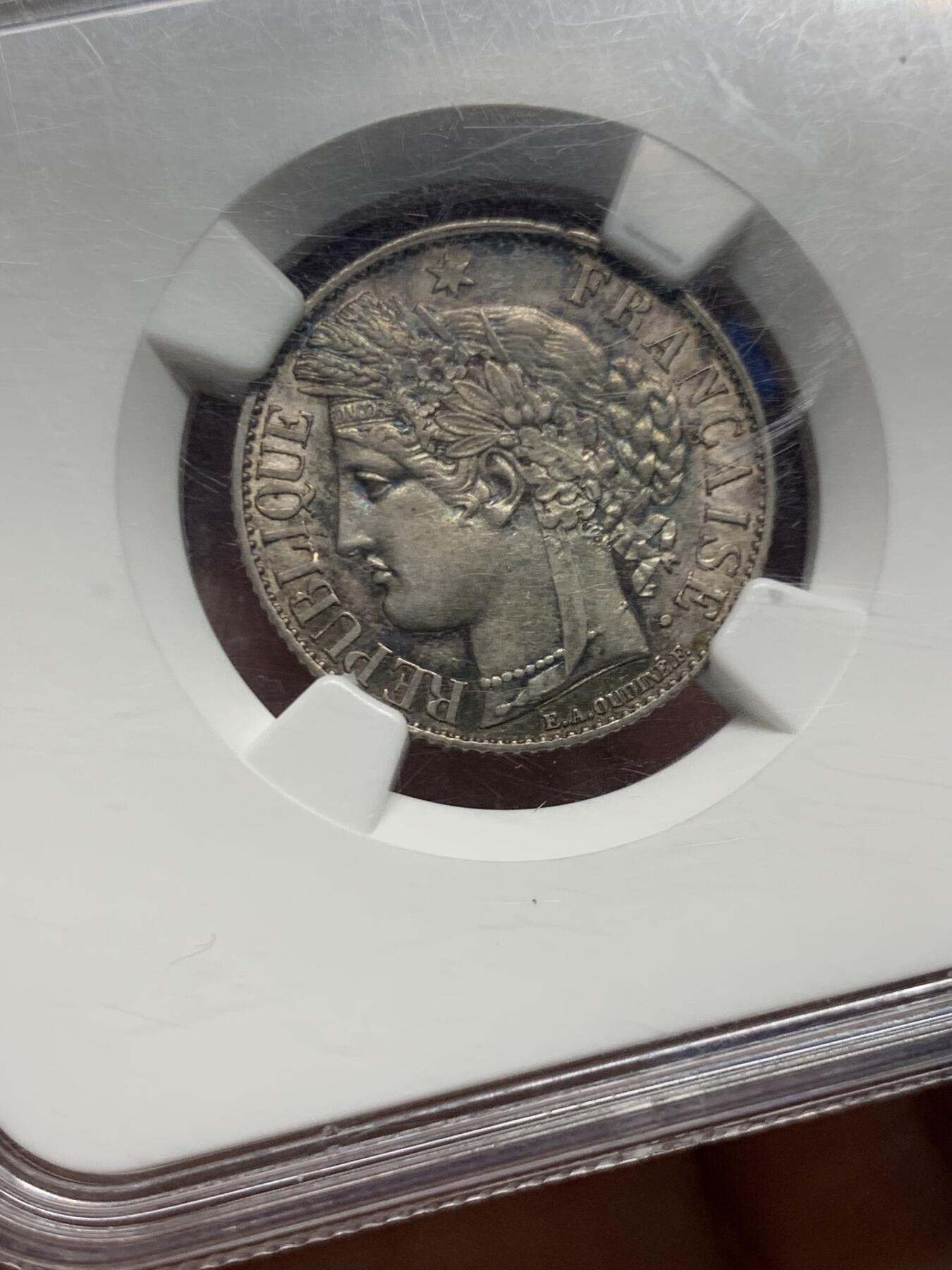 《竞宝斋》第446场 周日，周一，2场连拍 （全场包邮） NGC AU58 法国1894年A版谷物女神1法郎银币 原味淡彩