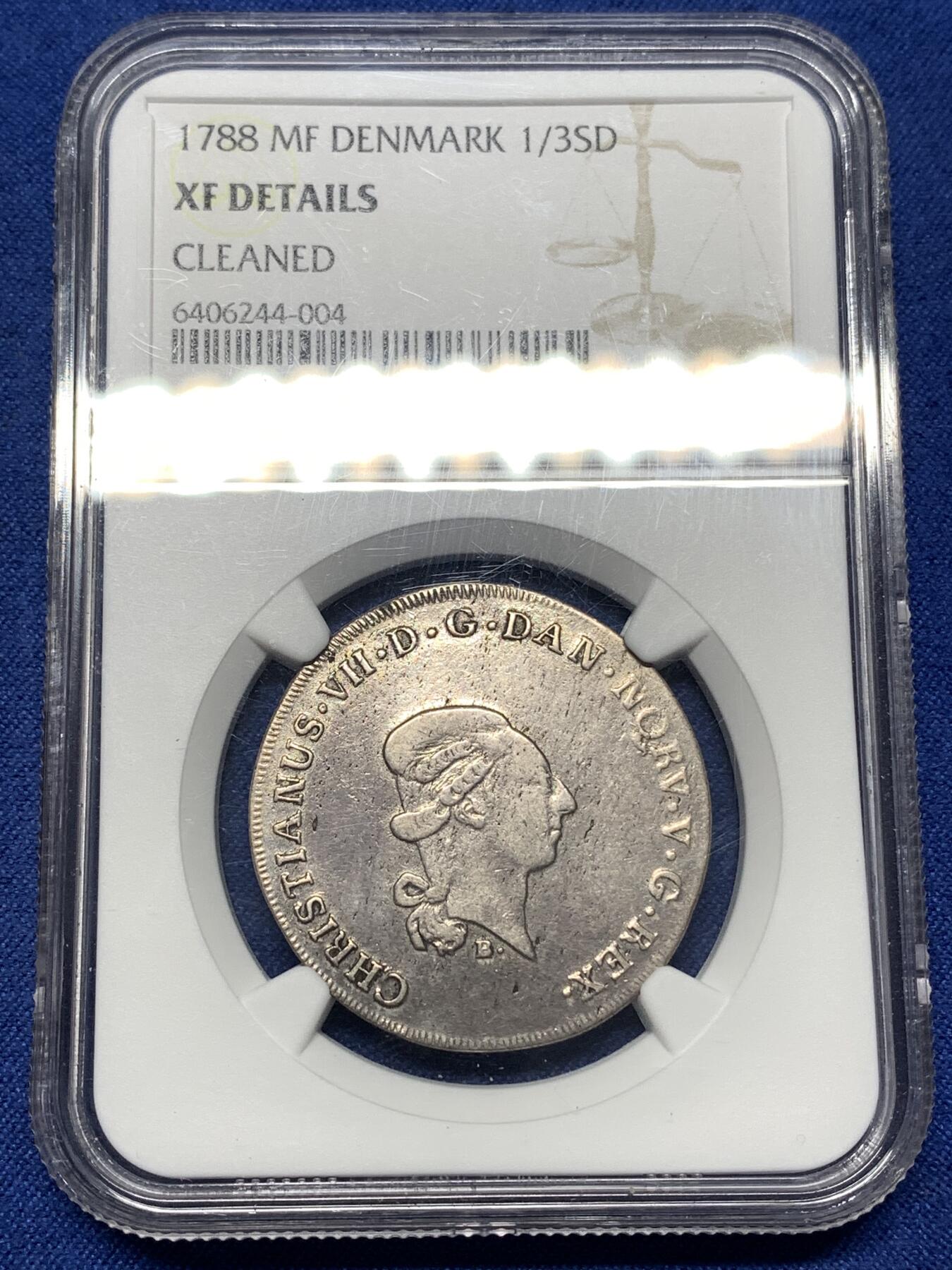 《竞宝斋》第446场 周日，周一，2场连拍 （全场包邮） NGC XFD 丹麦 石勒苏益格公国 1788年-MF 1/3达勒 银币 少见的北欧国家钱币 传世包浆 细节良好 克书参考价500美金（XF-40） 稀缺品种