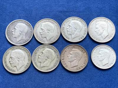 《竞宝斋》第446场 周日，周一，2场连拍 （全场包邮） - 八枚一组 英国乔治五世半克朗5枚+乔治六世半克朗2枚+乔六2先令1枚 银币总重约109.2克