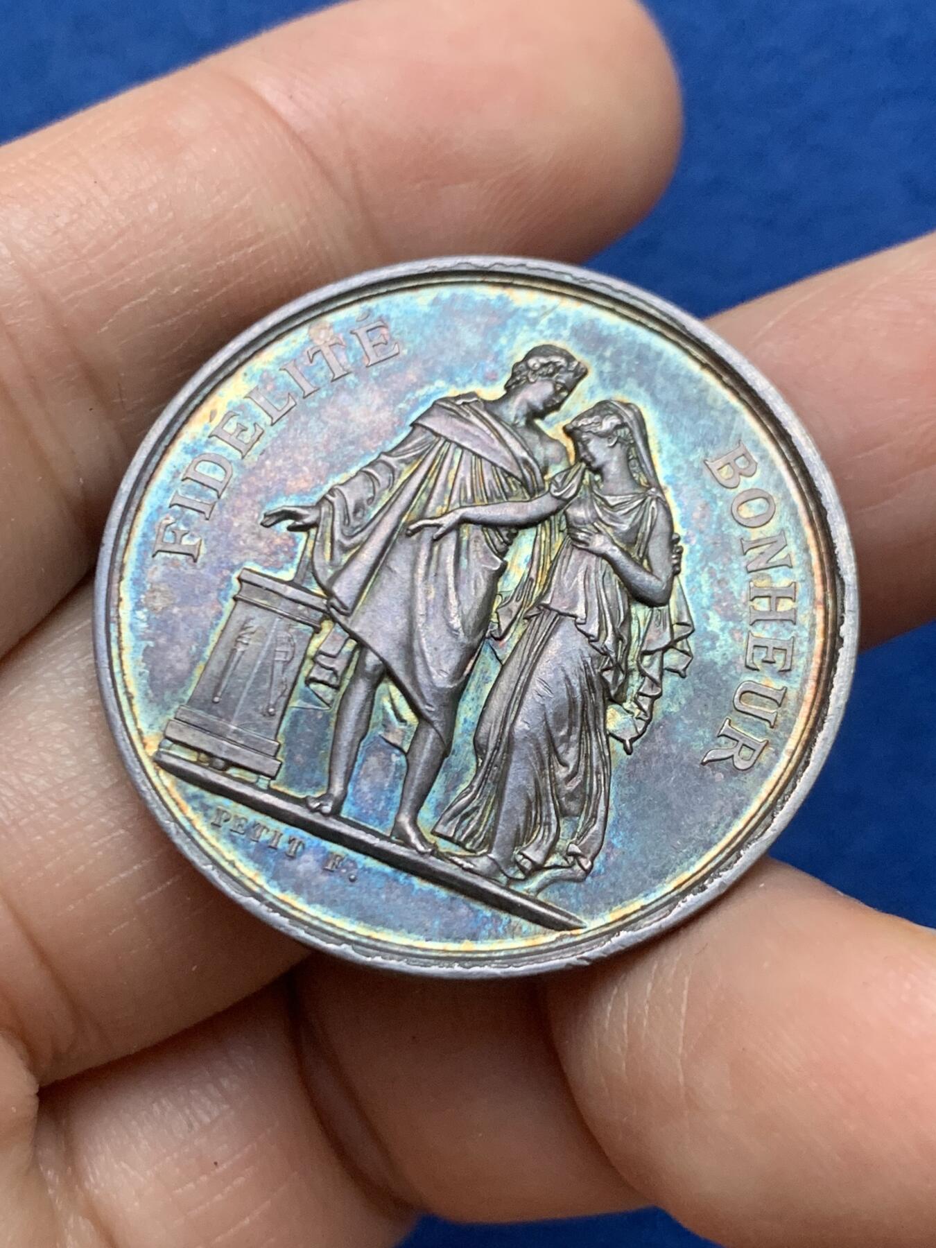 《竞宝斋》第446场 周日，周一，2场连拍 （全场包邮） 法国婚姻纪念银章 33.8mm 16.05克 1878 蜜蜂银标 边铭周圈刻字 背面花体字好看