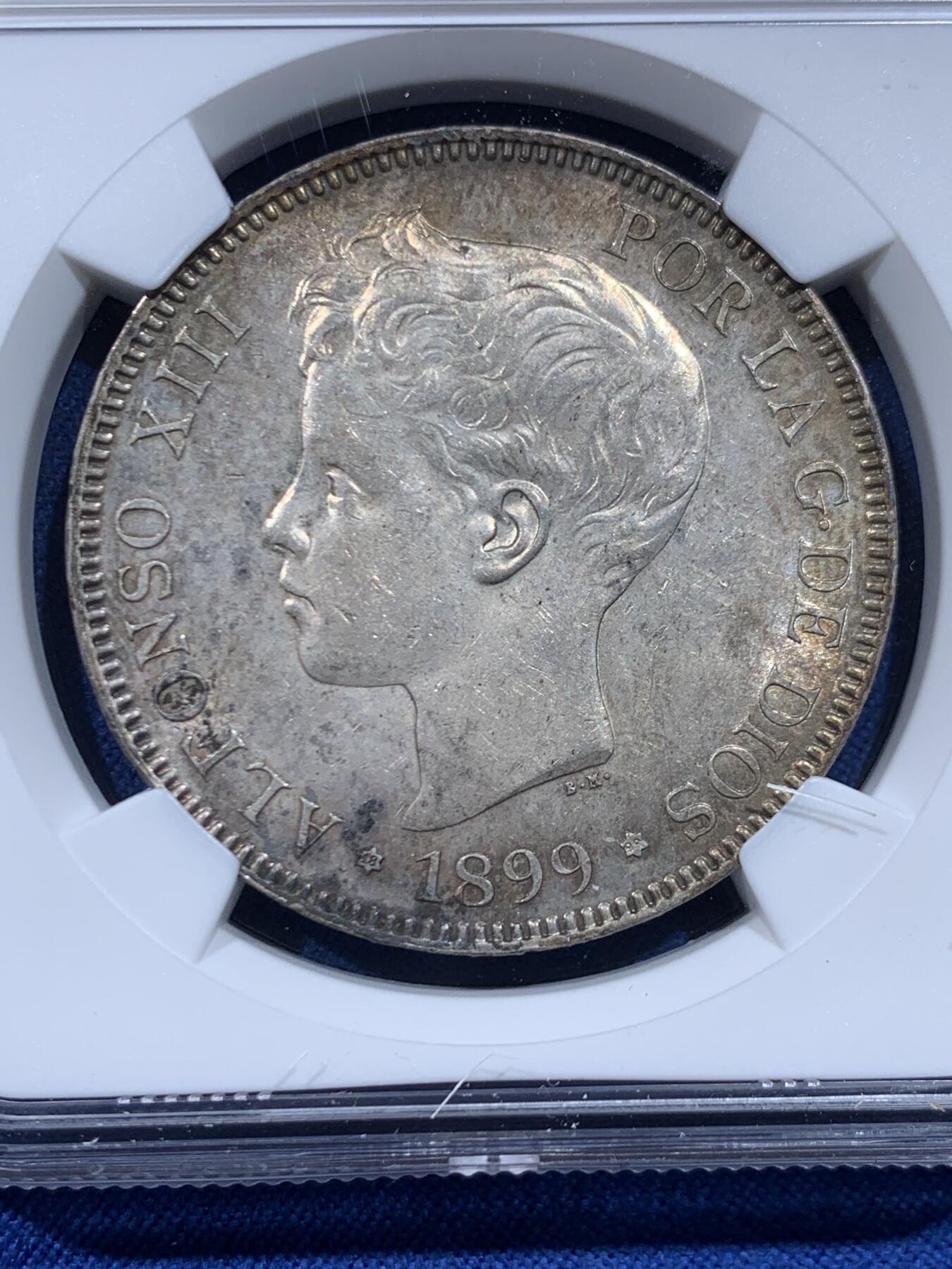 《竞宝斋》第446场 周日，周一，2场连拍 （全场包邮） NGC MS61 西班牙 1899年 5比塞塔 阿方索十三世 大银币 原味包浆